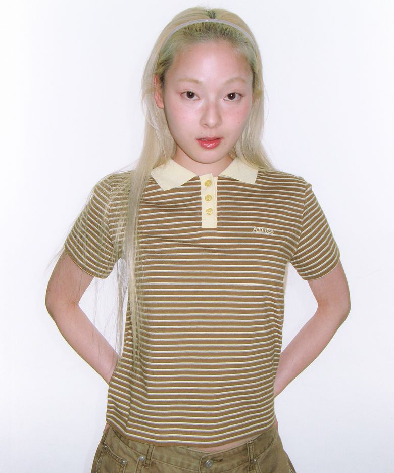 BASIC STRIPE COLLAR TEE BROWN
