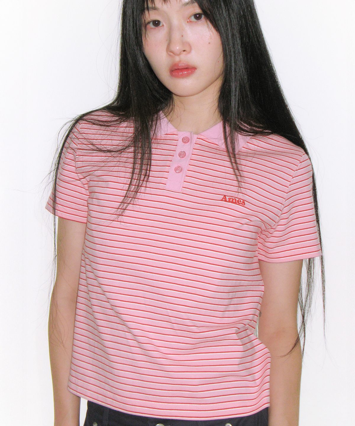아메스 월드와이드(AMES-WORLDWIDE) BASIC STRIPE COLLAR TEE PINK
