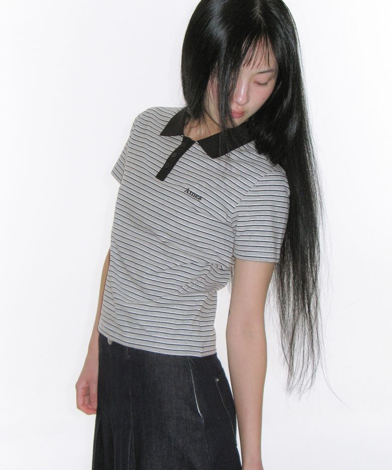 BASIC STRIPE COLLAR TEE GREY