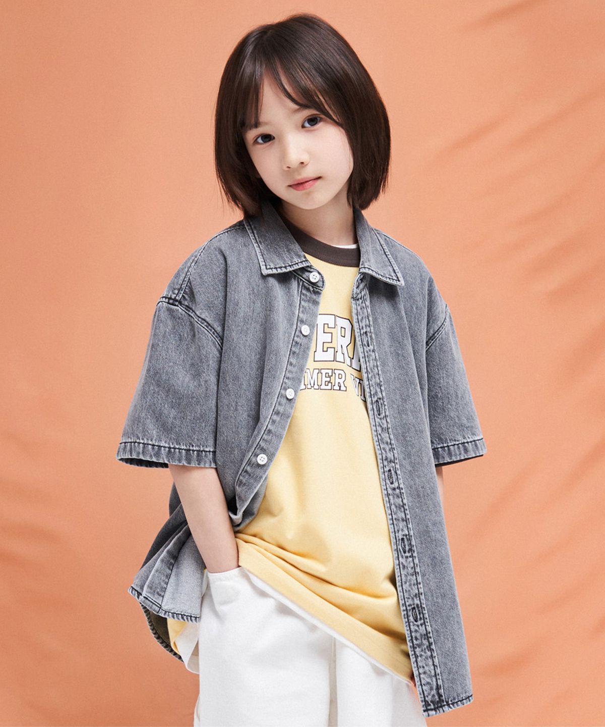 커버낫 키즈(COVERNAT KIDS) C로고 데님 반팔셔츠 그린 CK2602SS27GR