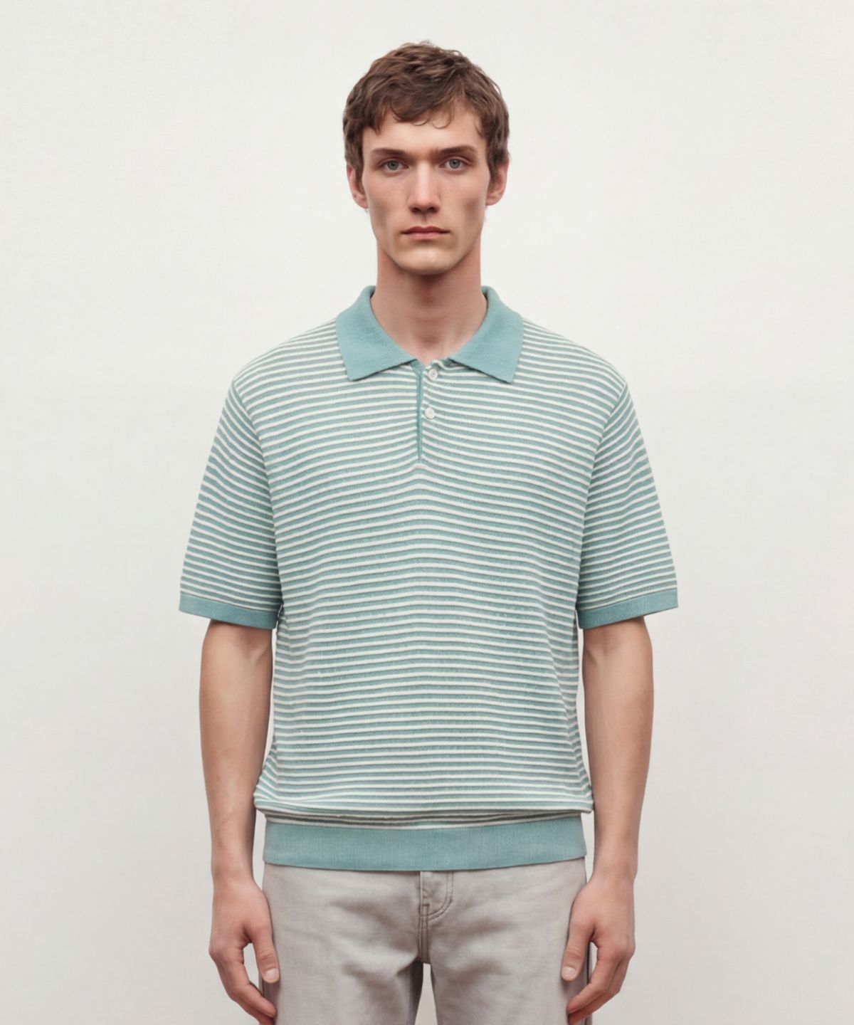 질스튜어트뉴욕 맨(JILLSTUART NEWYORK MEN) 린넨 블렌드 스트라이프 카라 니트 - 블루 (JNSW6B410B2)