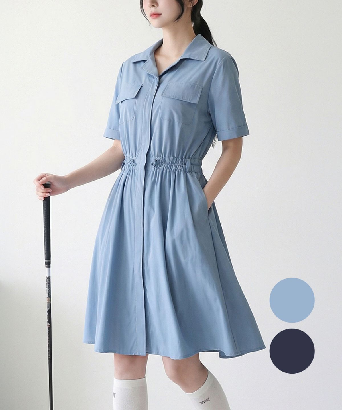 김영주 골프(KIM YOUNG JOO GOLF) 여름 기능성 플레어 포켓 스판  여성 반팔 골프 원피스 DQMLOP26