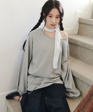 ONE SHOULDER STRING T-SHIRT_MELANGE