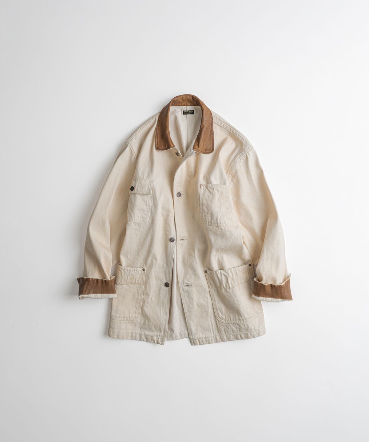 비헤비어(BEHEAVYER) WASHED LEATHER COLLAR COVERALL JACKET natural aged