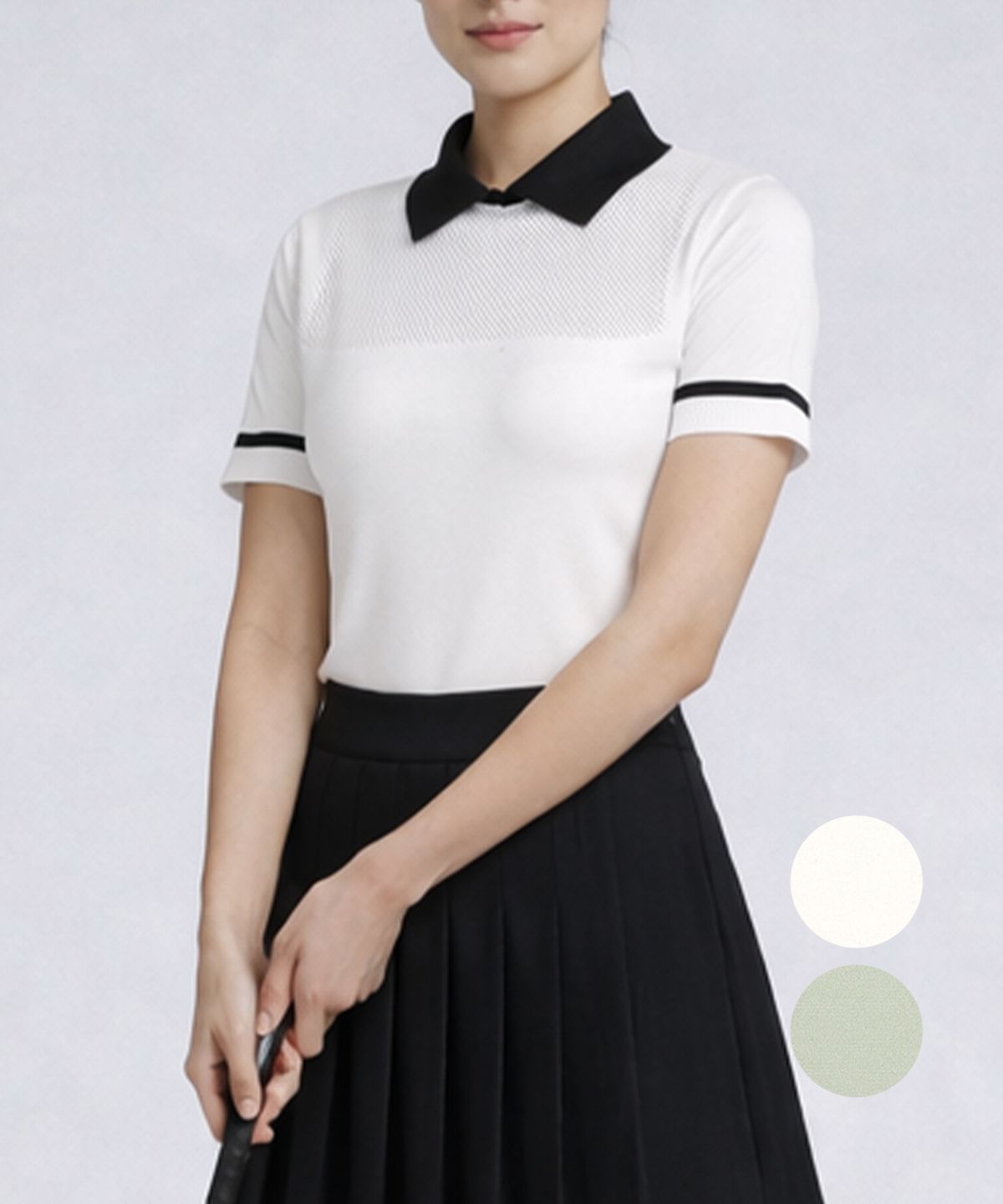 김영주 골프(KIM YOUNG JOO GOLF) 여름 메쉬 카라 배색 스판 여성 반팔 골프 니트 티 DQMLNT14