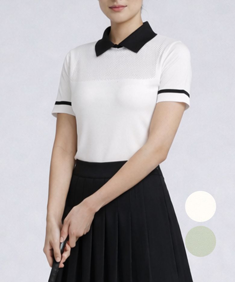 여름 메쉬 카라 배색 스판 여성 반팔 골프 니트 티 DQMLNT14