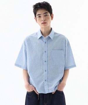 세미 크롭 체크 하프 셔츠-스카이블루