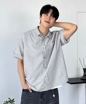 세미 크롭 체크 하프 셔츠-그레이