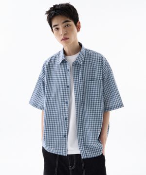 세미 크롭 체크 하프 셔츠-네이비