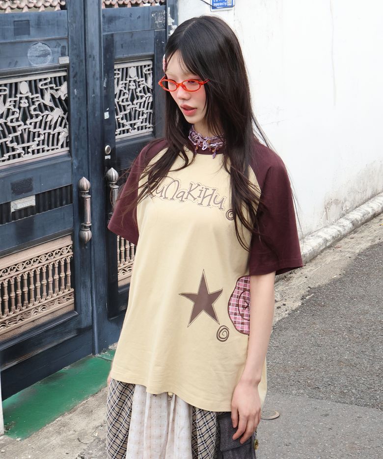 WXT077 치쿠치쿠보탕 레글런 티셔츠 (BEIGE)