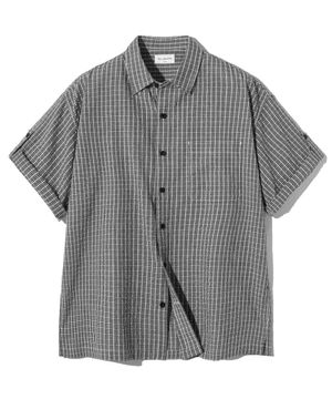 롤 업 체크 하프 셔츠-블랙