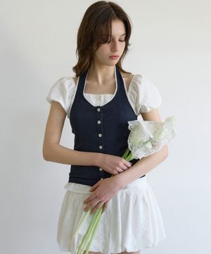 레터즈 레이스 버튼 홀터넥 탑 ( 네이비 )