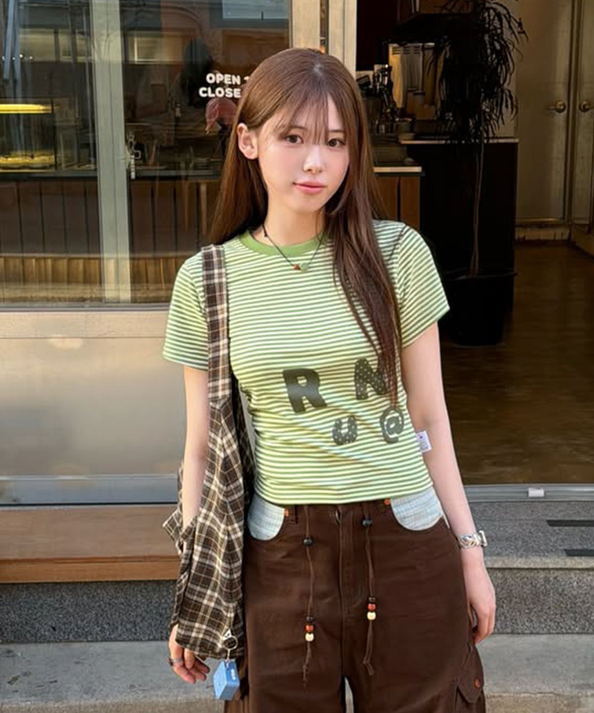 루나키후(RuNaKi'Hu') WXT080 나라비 스트라이프 셔링 티셔츠 (LIGHT GREEN)