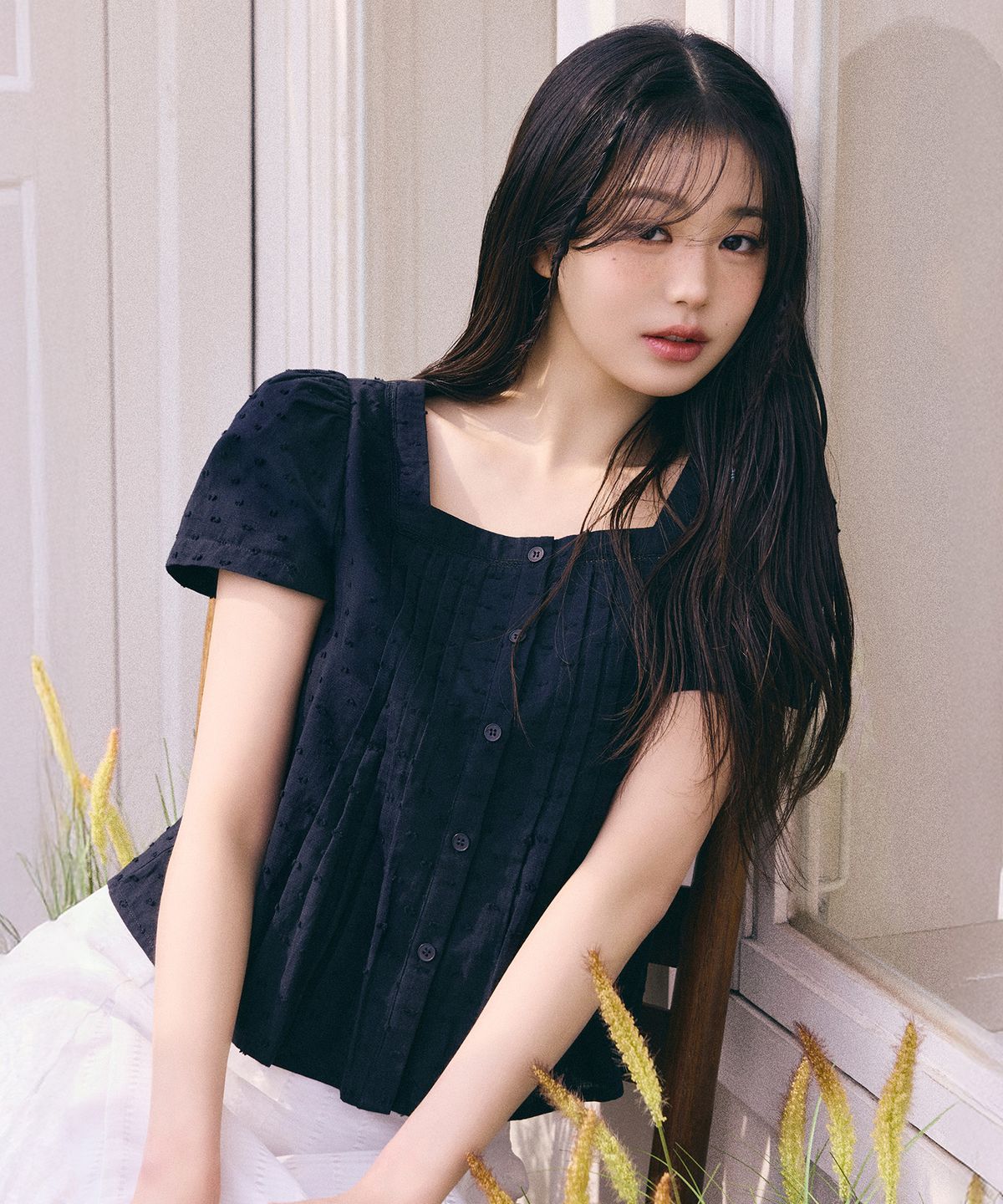 로라로라(ROLAROLA) SQUARE NECK LACE BLOUSE BLACK