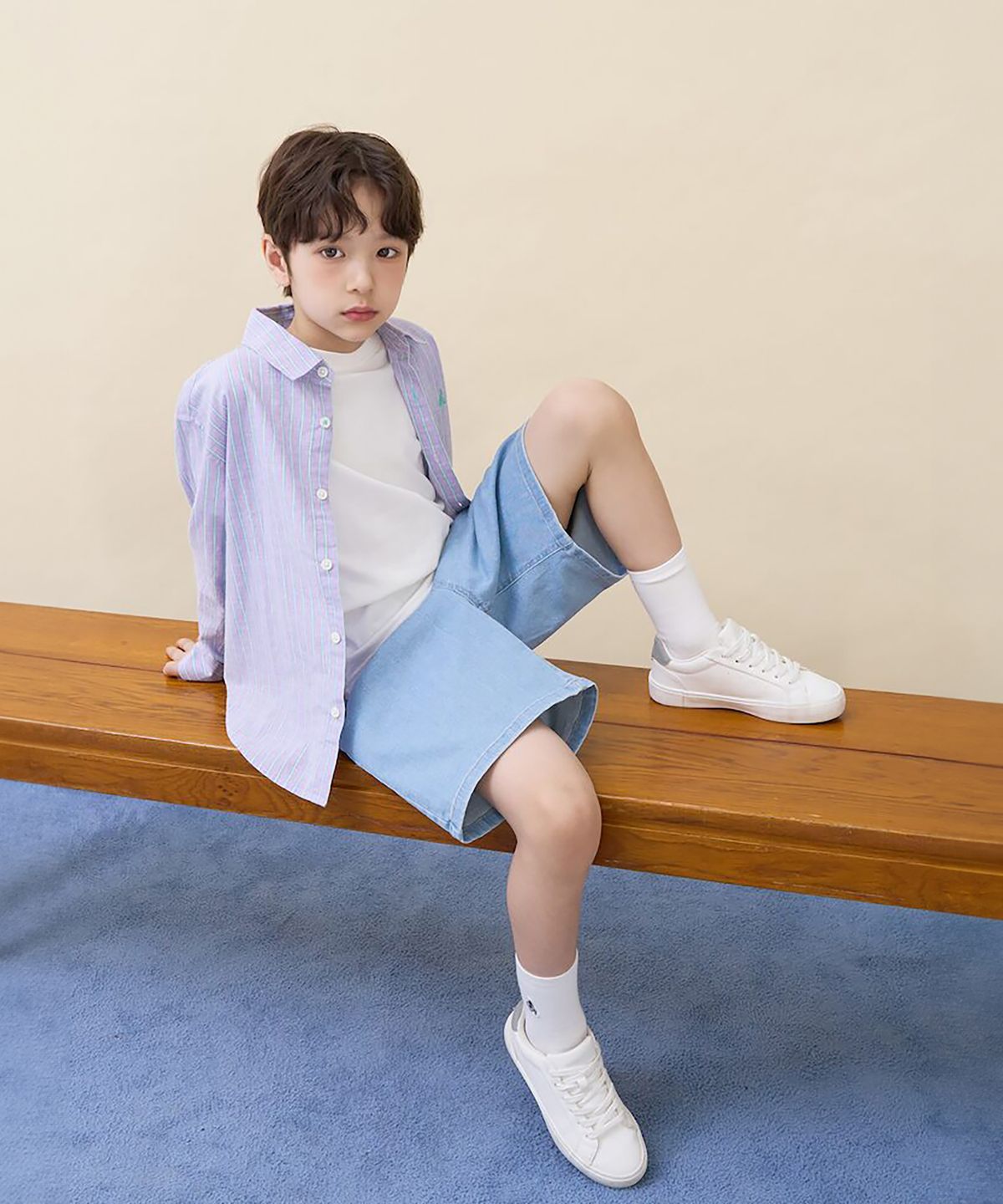 빈폴 키즈(BEANPOLE KIDS) [Essential] 클래식 리넨 멀티 스트라이프 셔츠  라이트 퍼플 (BI6364UE1V) (BI6364UE1V)