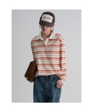 스트라이프 칼라 럭비 티셔츠  레드