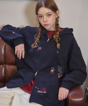 [2-WAY] 머쉬룸 스티치 후드 집업 네이비