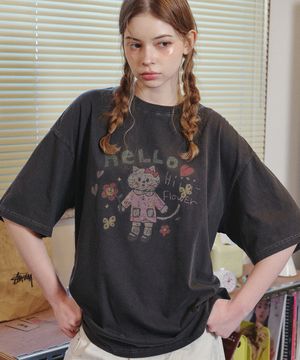 HELLO FLOWER 피그먼트 반팔티 스모크블랙