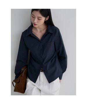 변형 카라넥 슬림핏 셔츠  네이비