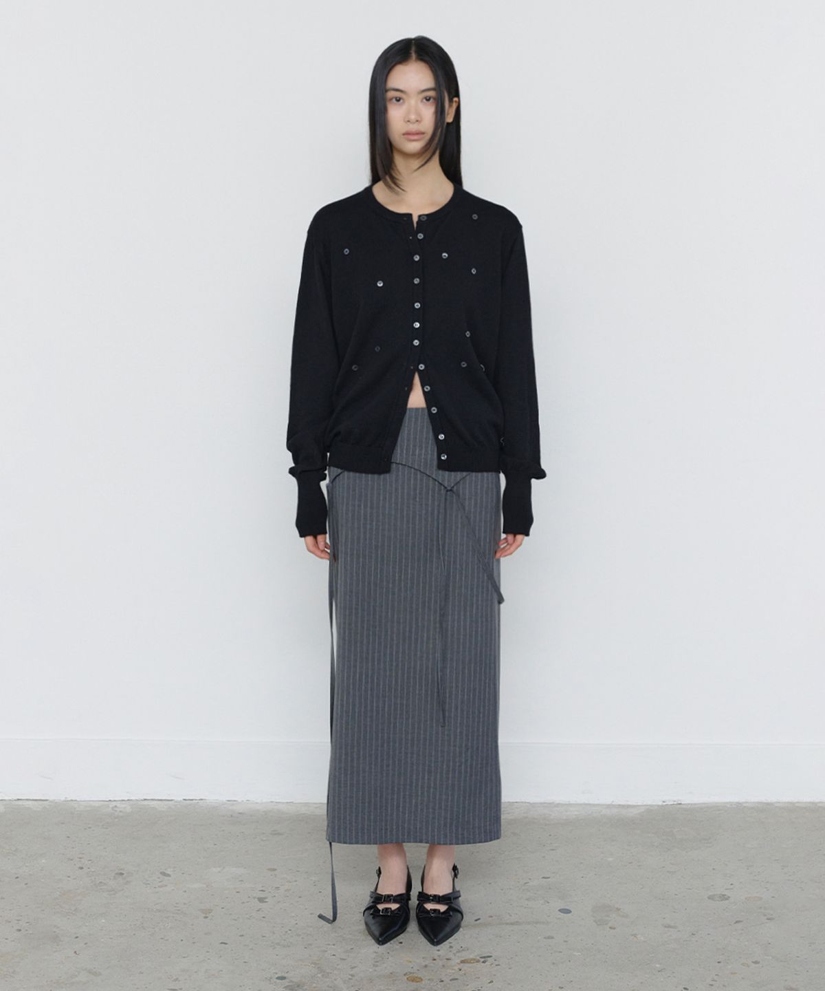 쓰리투에이티(THREE TO EIGHTY) STRIPE STRAP MAXI SKIRT GREY