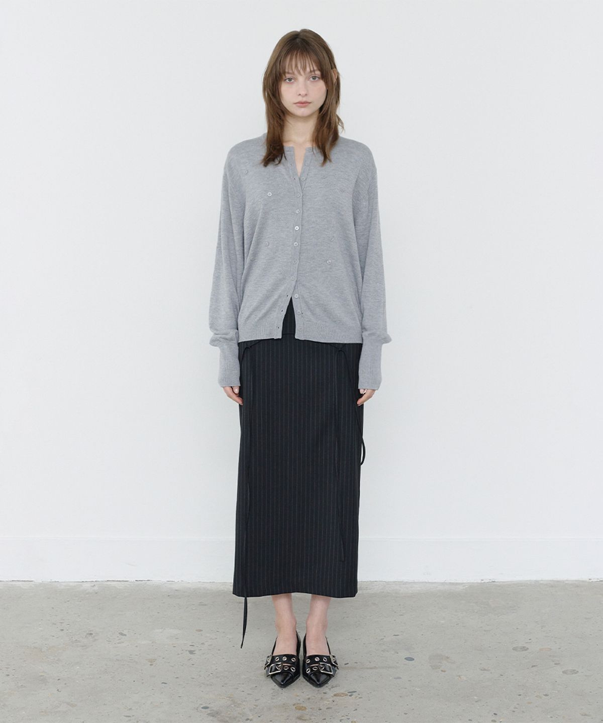 쓰리투에이티(THREE TO EIGHTY) STRIPE STRAP MAXI SKIRT BLACK