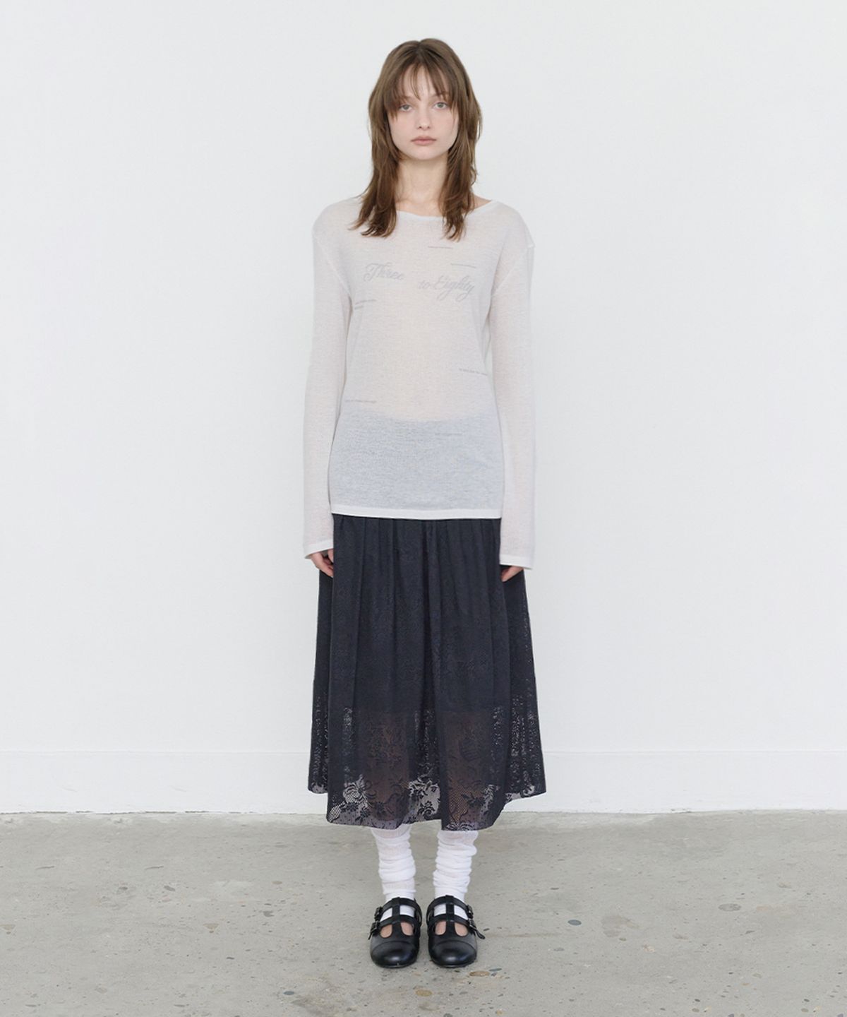쓰리투에이티(THREE TO EIGHTY) CROCHET GATERED LONG SKIRT BLACK