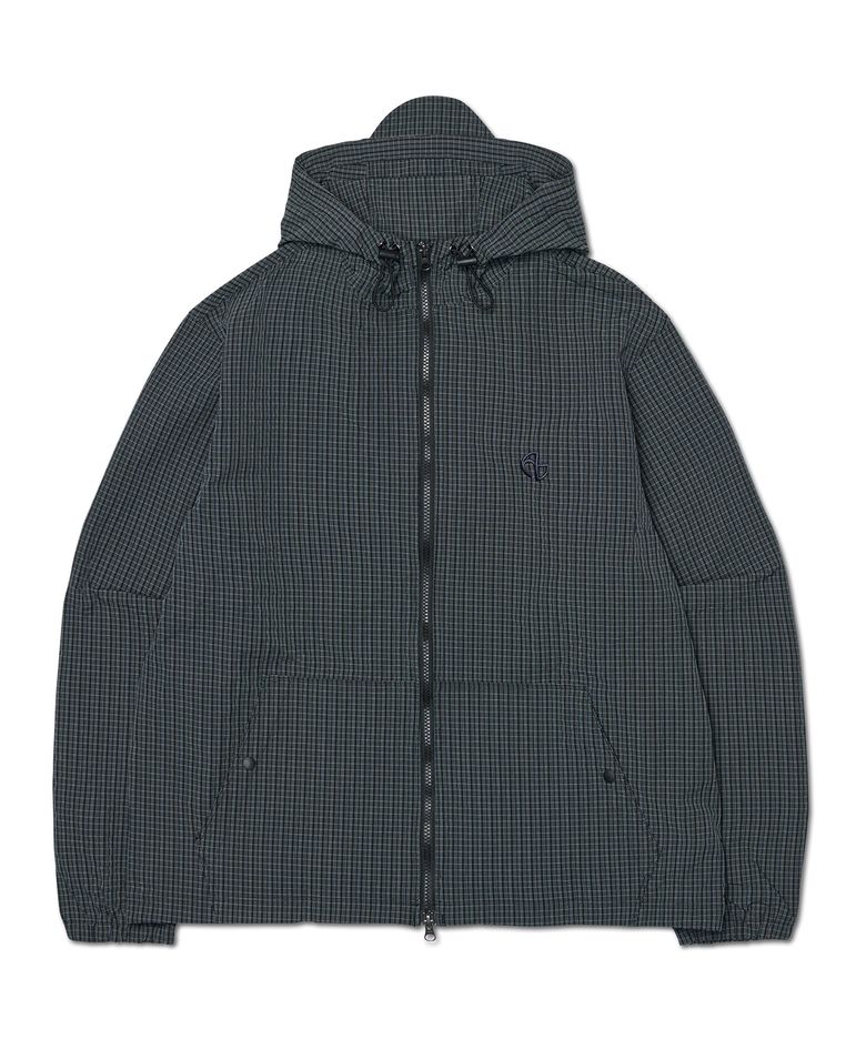 HOODED CHECK WIND JACKET - NAVY