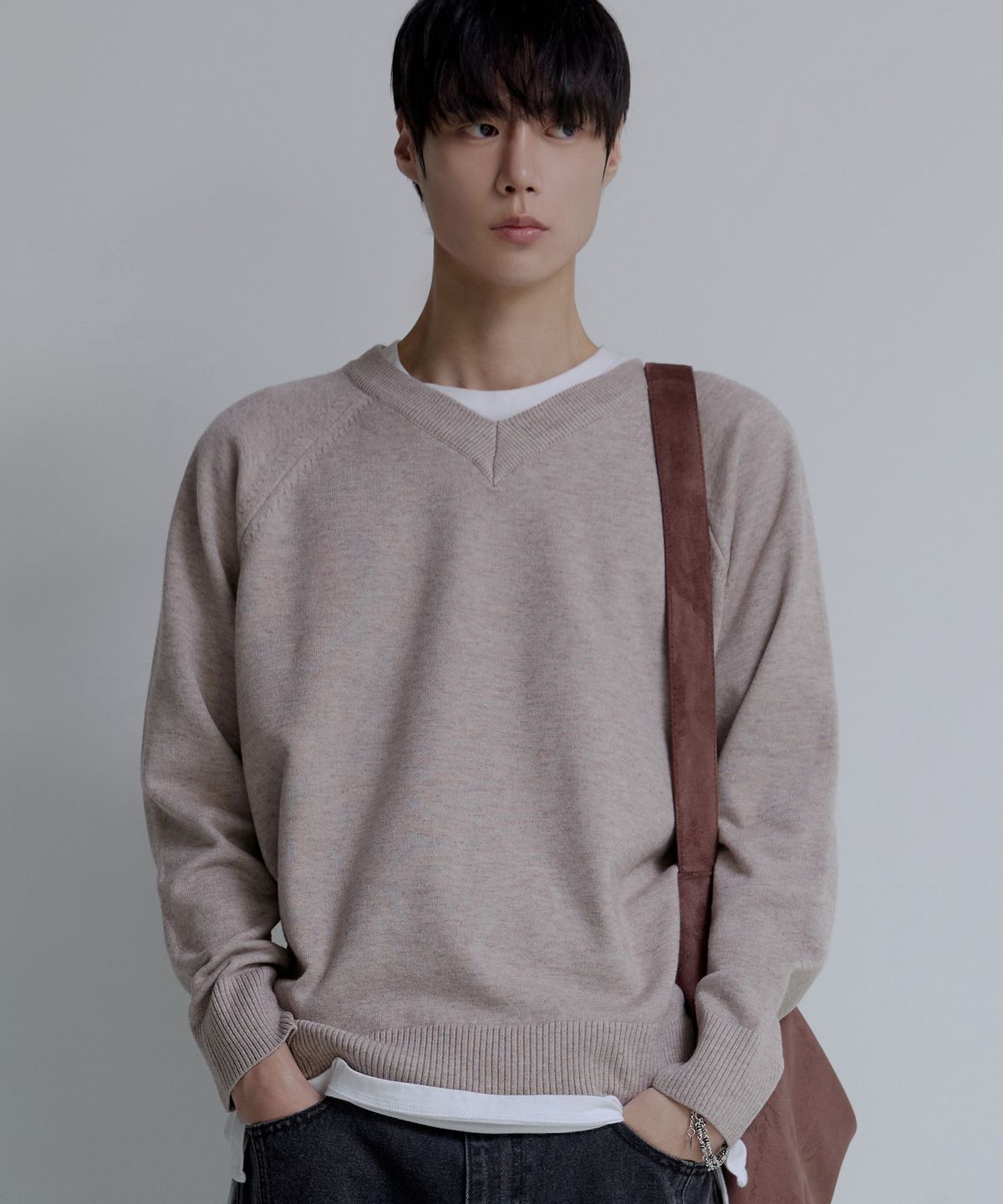 노드유(NODU) 브이넥 헤라시 라글란 크롭 니트 [베이지]