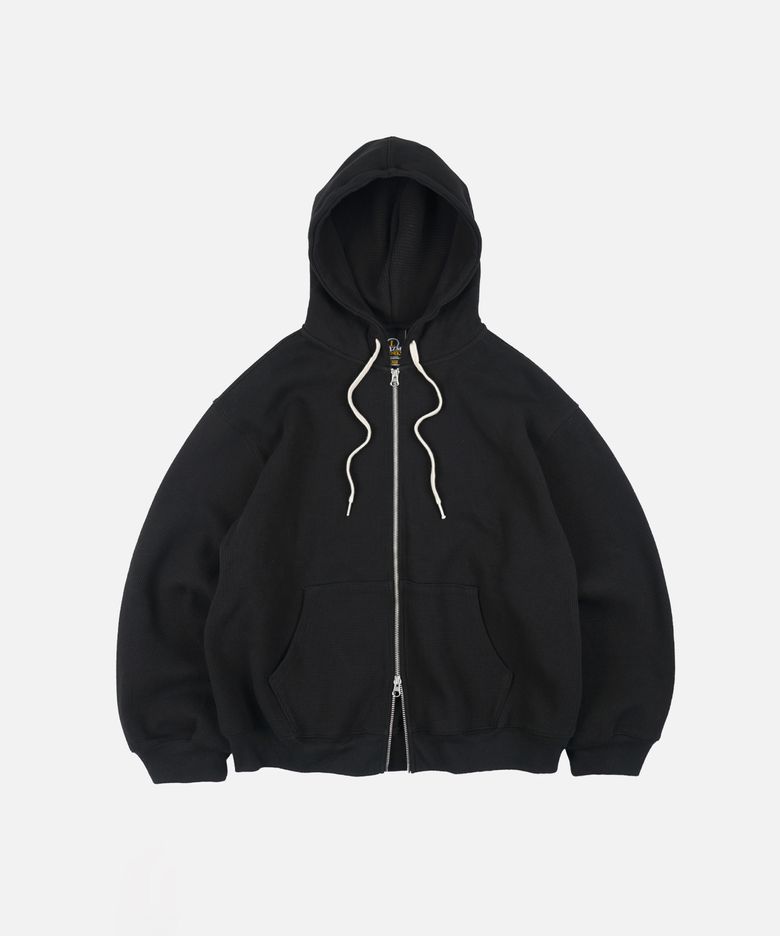 WAFFLE HOOD ZIP UP PARKA _ BLACK