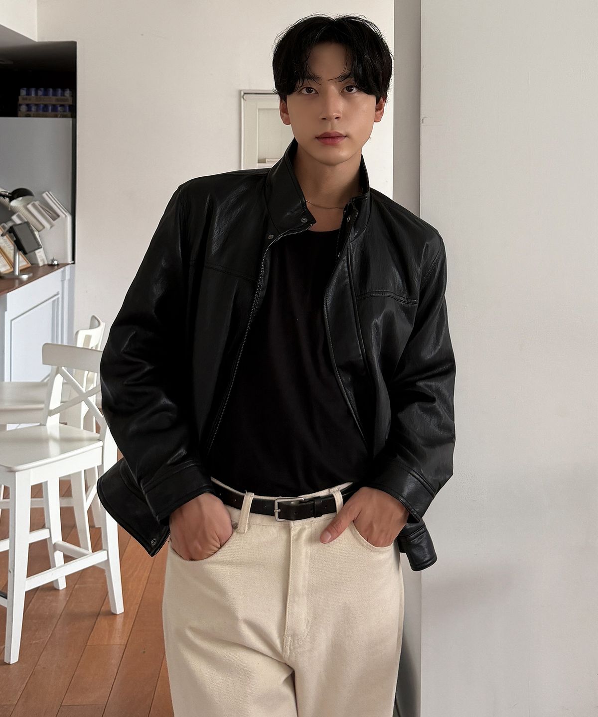레프트서울(LEFTSEOUL) [남녀공용] 신세틱 레더 인시전 자켓 [블랙]