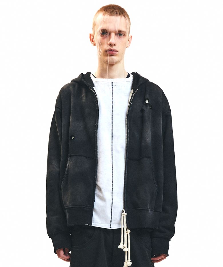 Washed Frayed Zip Hoodie