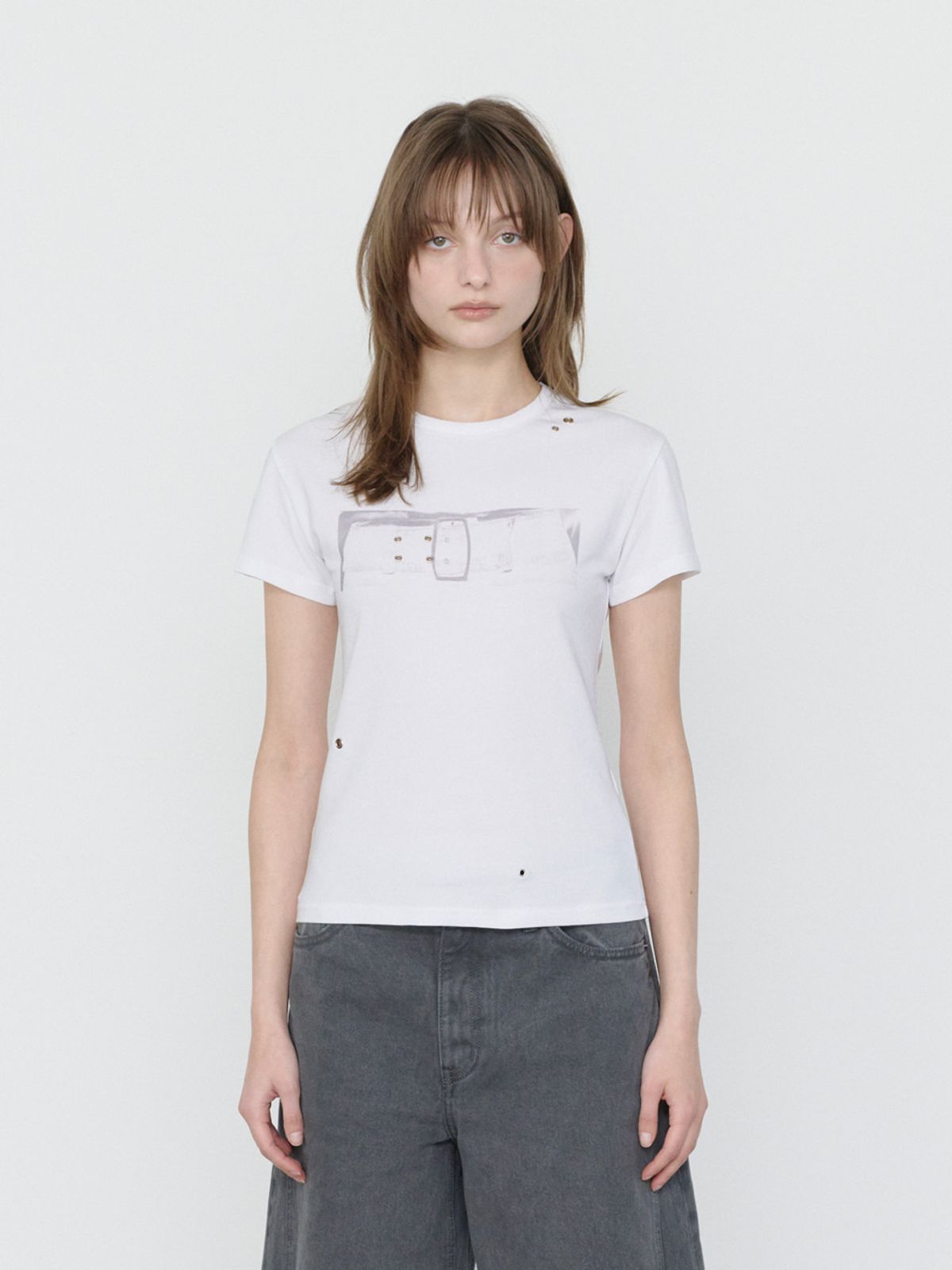 쓰리투에이티(THREE TO EIGHTY) STANDARD BELT EYELET TEE WHITE