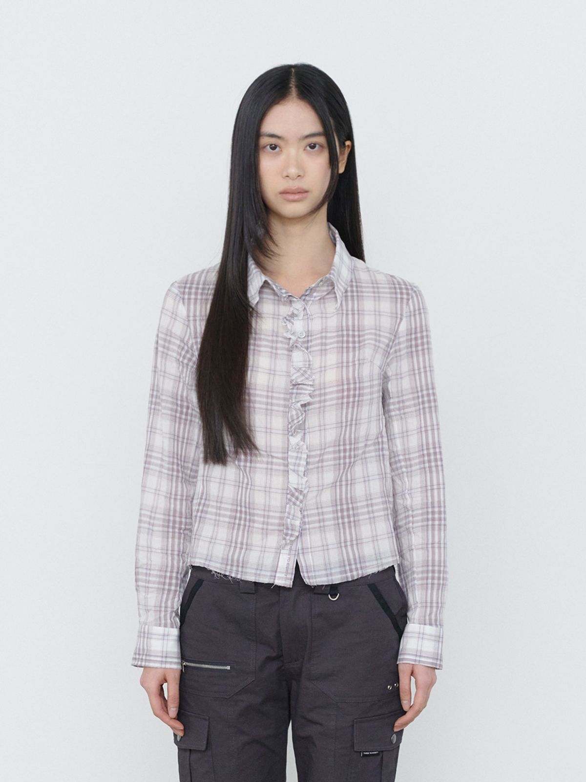 쓰리투에이티(THREE TO EIGHTY) VINTAGE CHECK FRILL SHIRTS PURPLE