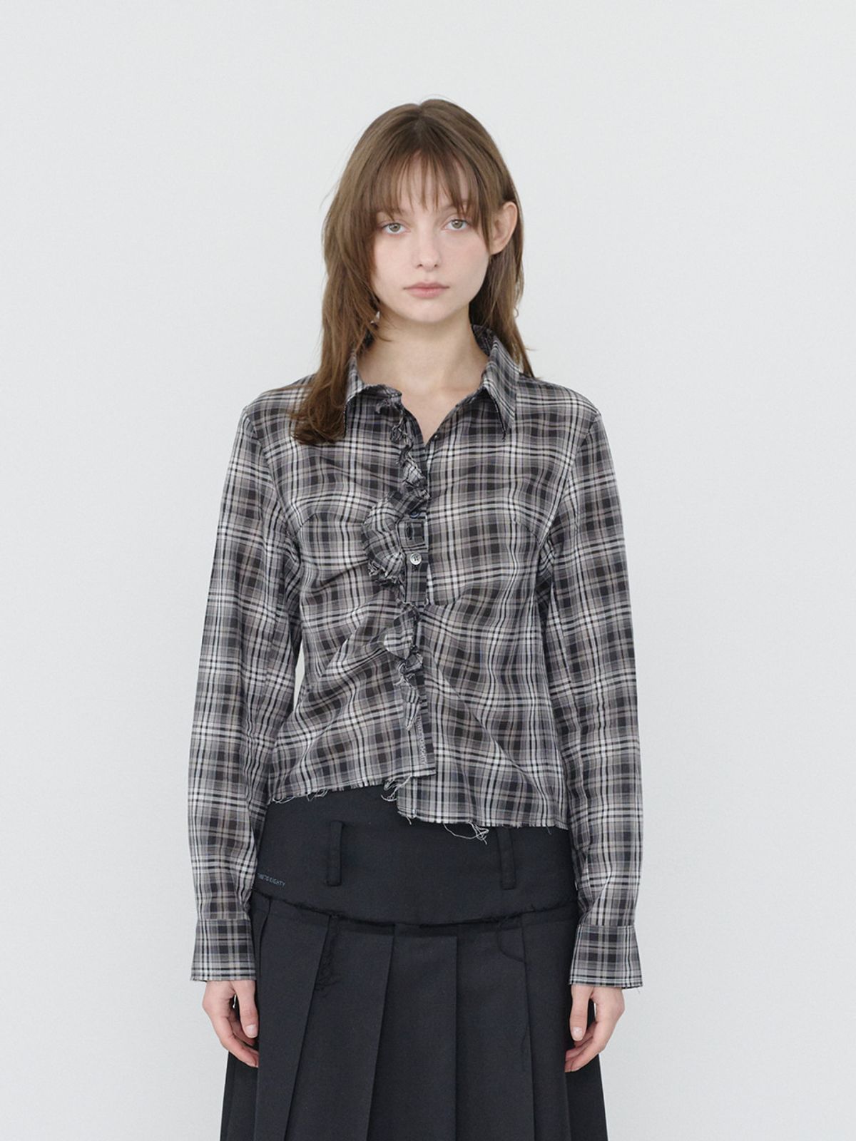 쓰리투에이티(THREE TO EIGHTY) VINTAGE CHECK FRILL SHIRTS BLACK