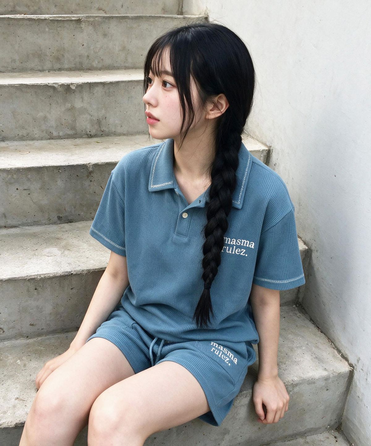마스마룰즈 어패럴(MASMARULEZ APPAREL) [SET] Textured Waffle Collar Half Set-Up_Ash Blue