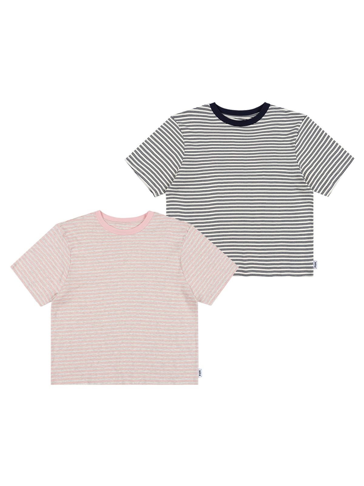 폴리(FOLI) (Unisex) 코튼 스트라이프 반팔 티셔츠 (핑크/네이비)