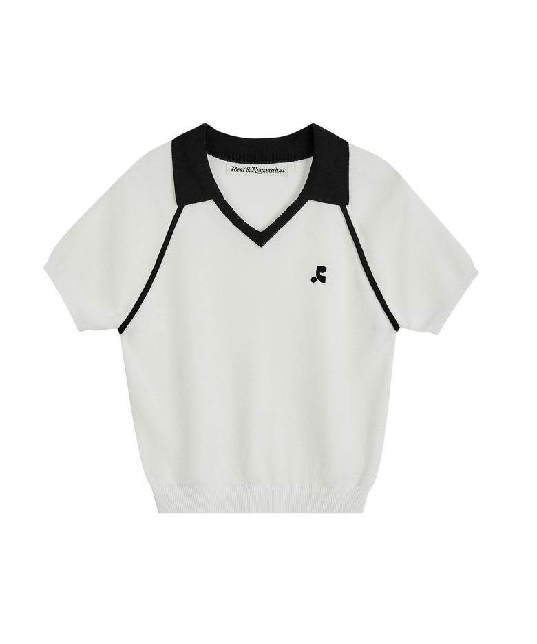 V-NECK COLLAR KNIT TOP - WHITE