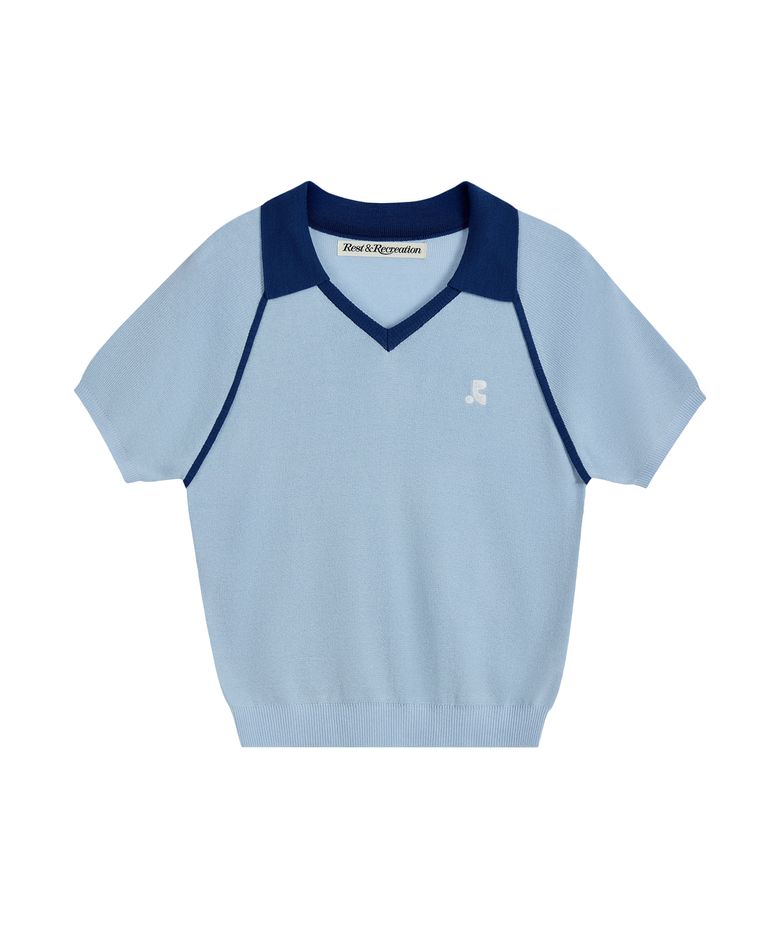 V-NECK COLLAR KNIT TOP - SKY BLUE