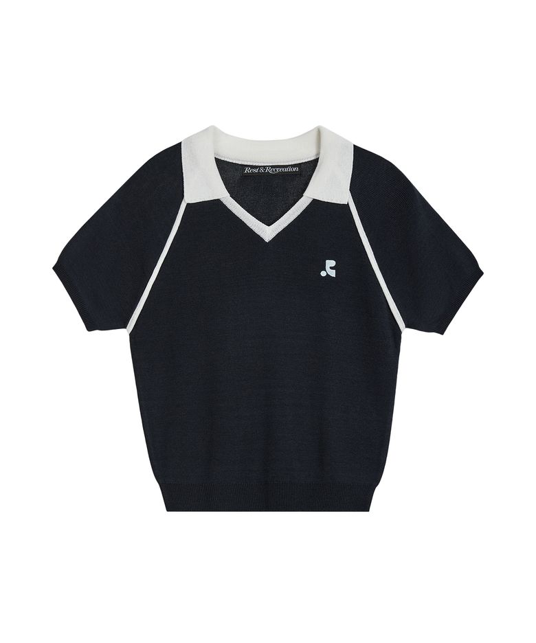 V-NECK COLLAR KNIT TOP - NAVY