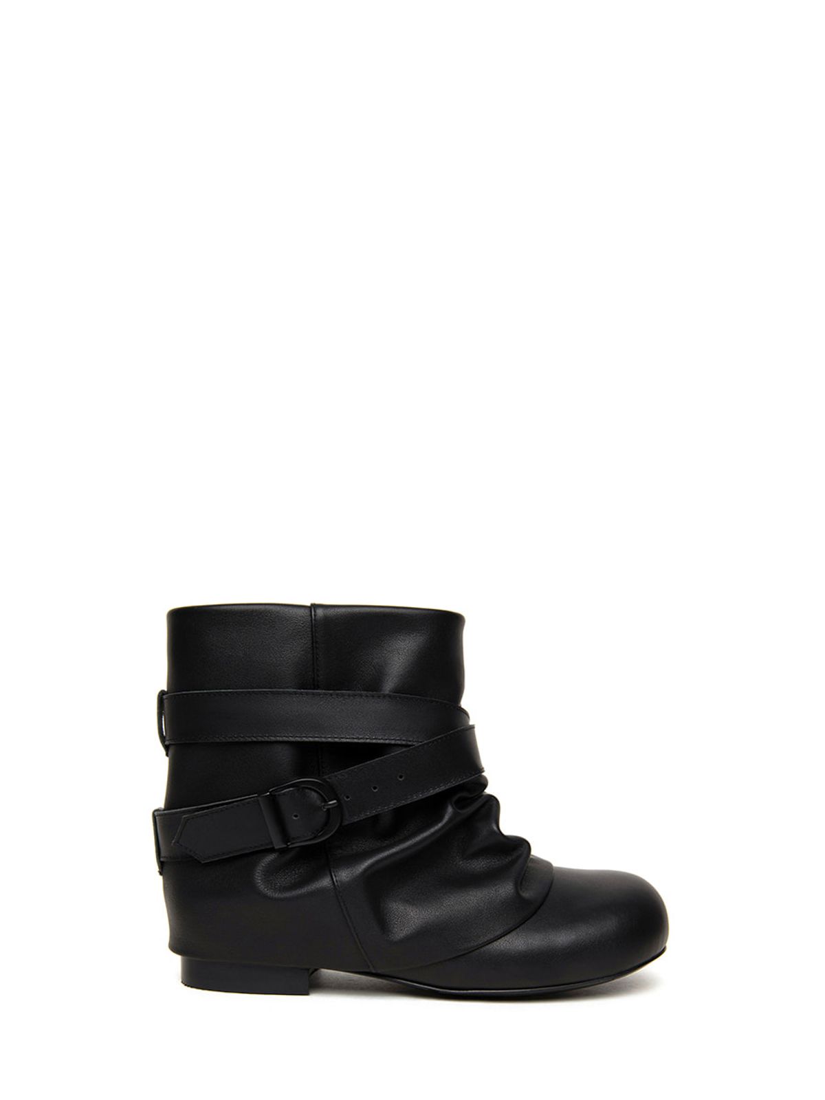 쓰리투에이티(THREE TO EIGHTY) BELT WRINKLE LEATHER SHORT BOOTS BLACK