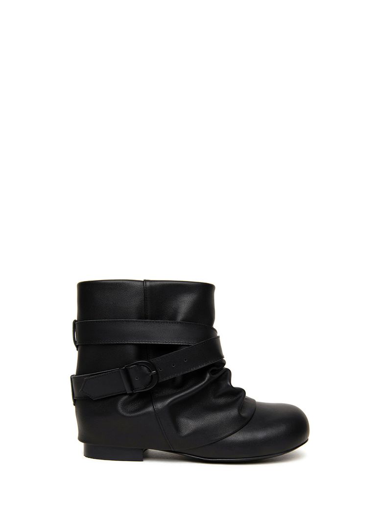 BELT WRINKLE LEATHER SHORT BOOTS BLACK