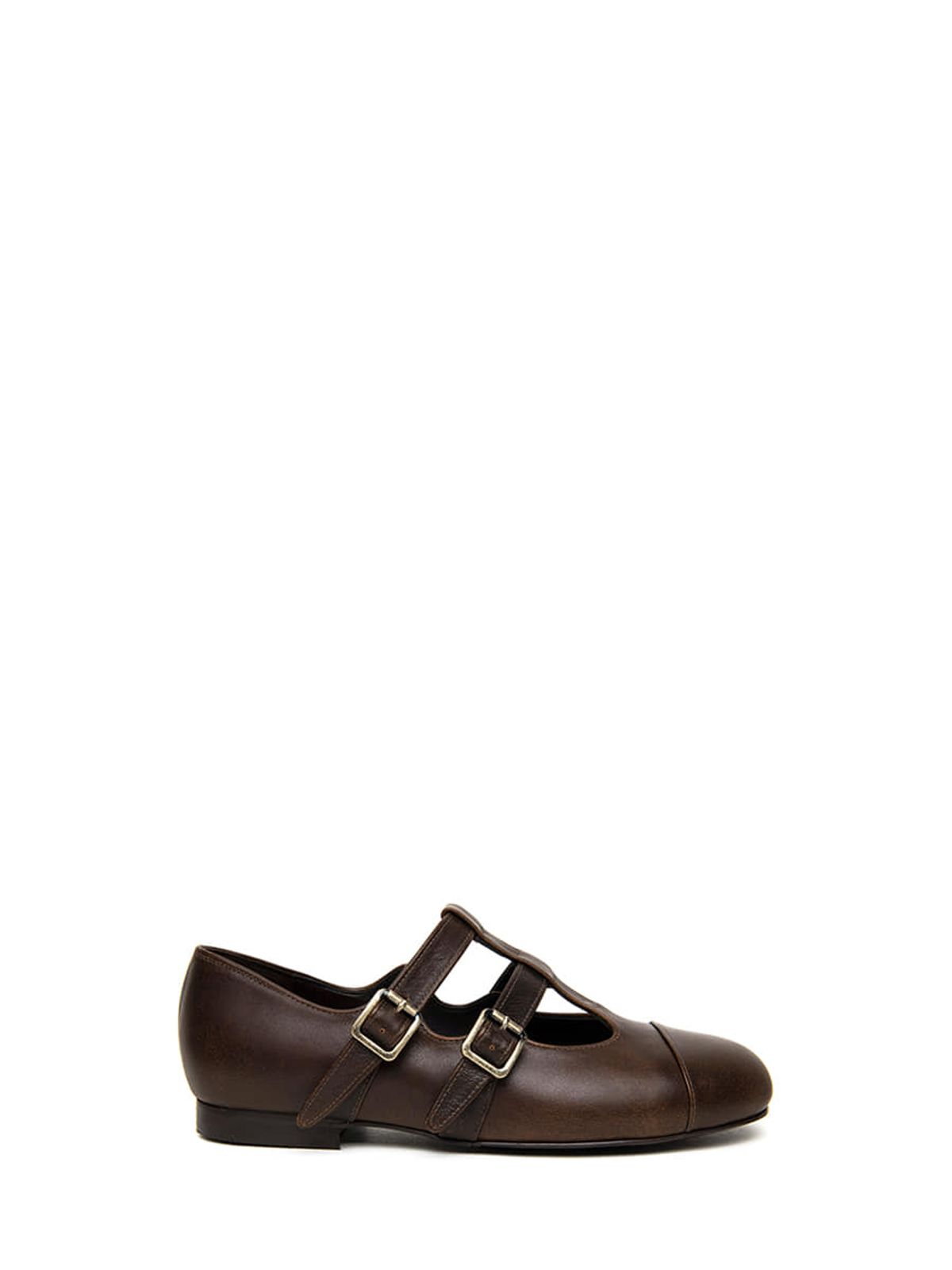 쓰리투에이티(THREE TO EIGHTY) T-STRAP LEATHER FLATS BROWN