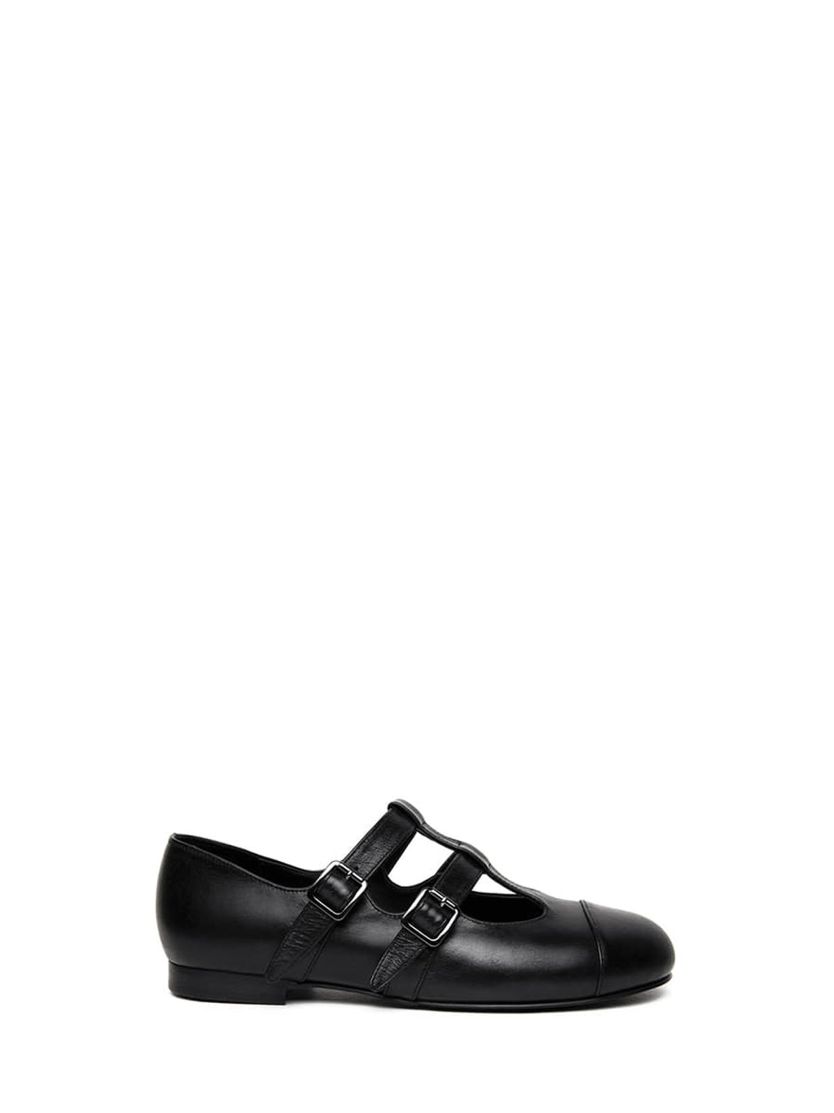 쓰리투에이티(THREE TO EIGHTY) T-STRAP LEATHER FLATS BLACK
