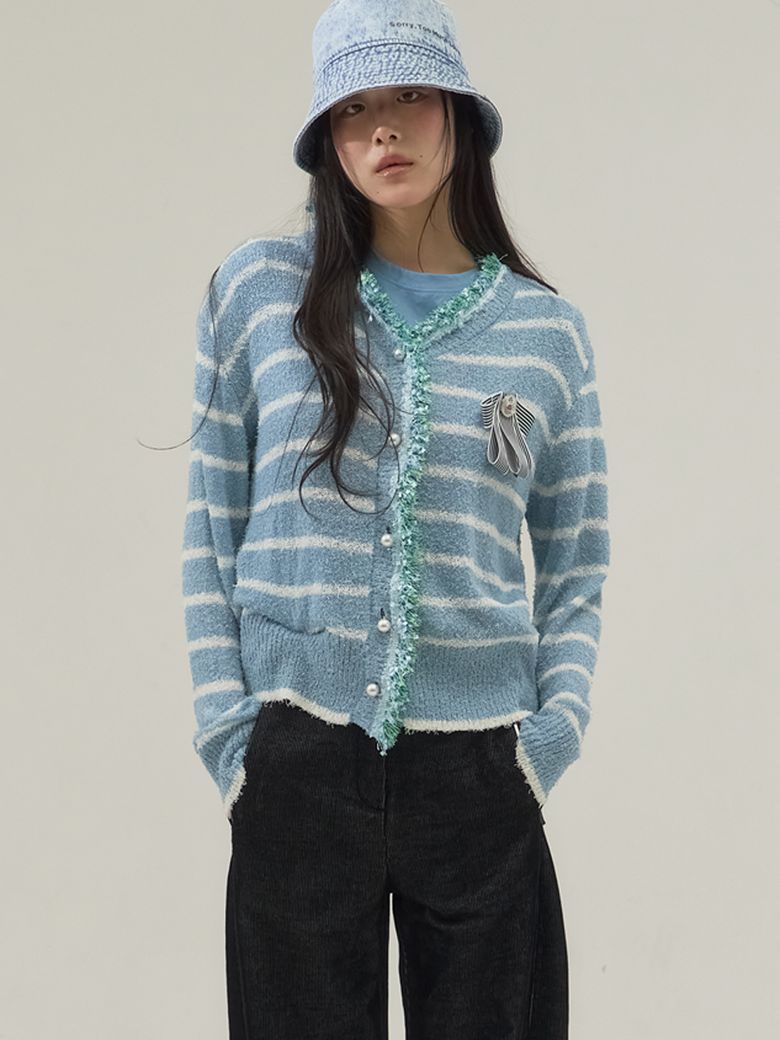 Fringe Trim Marine Knit Cardigan_Sky Blue