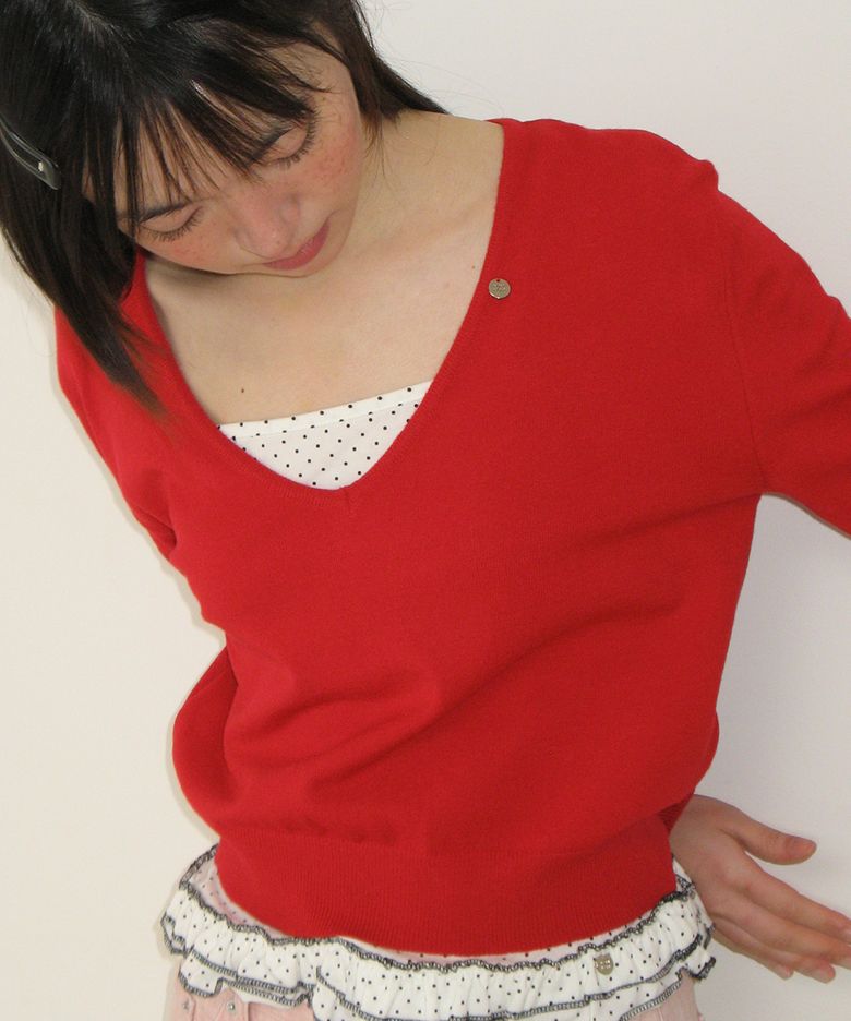 BASIC DEEP V NECK COMPACT KNIT RED