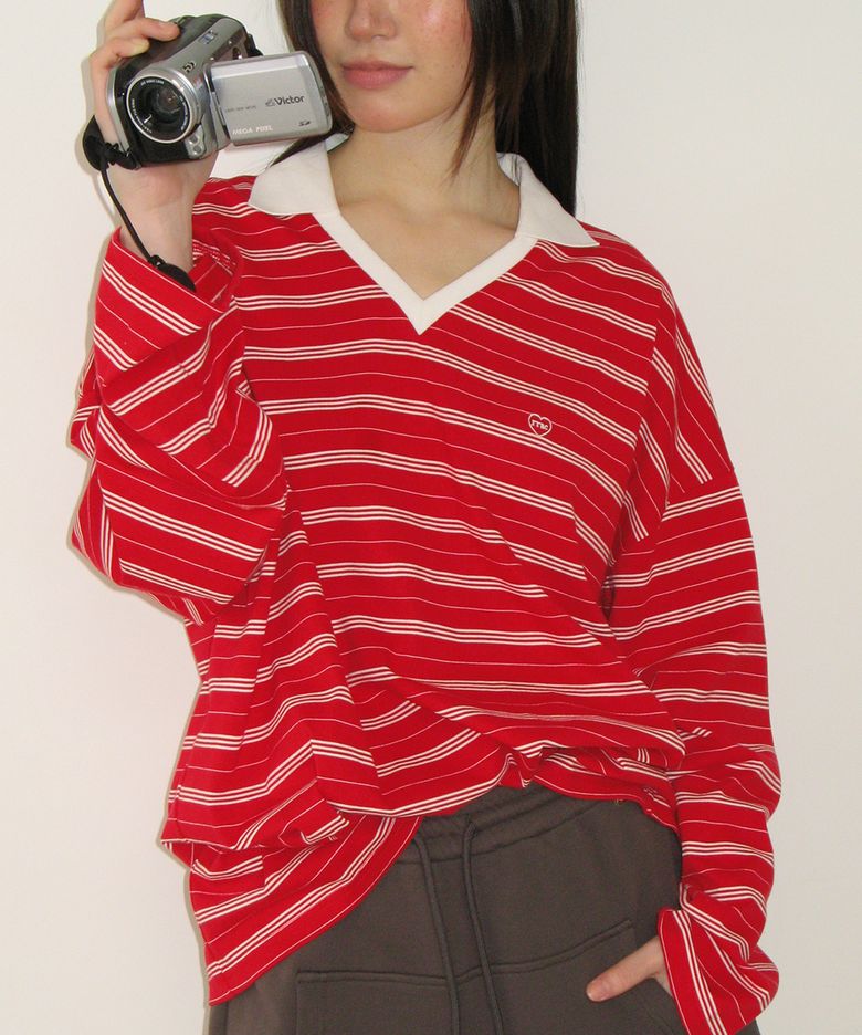 STRIPE V NECK COLLAR LONG SLEEVE RED