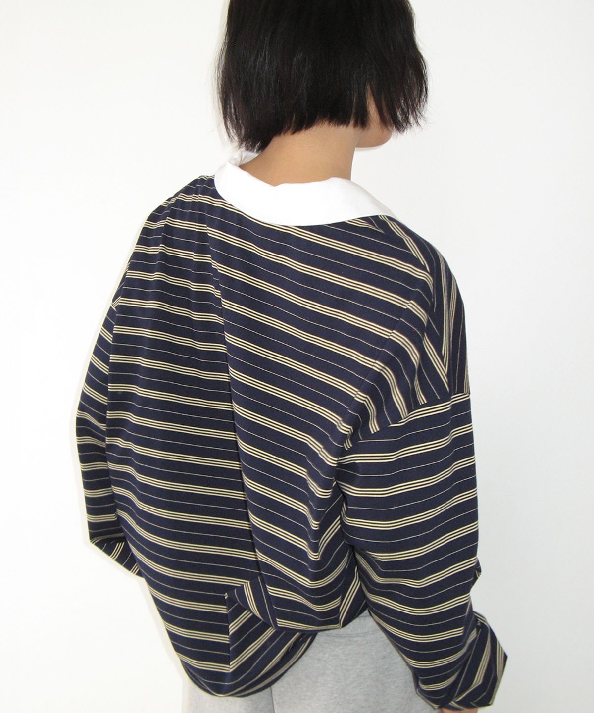 론론(RONRON) STRIPE V NECK COLLAR LONG SLEEVE NAVY
