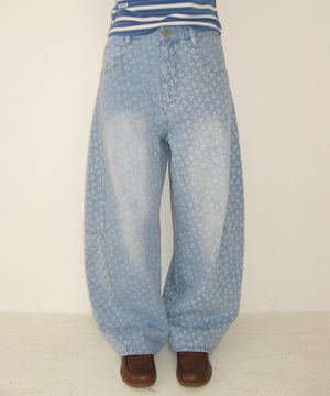 BALLOON FIT FLORAL DENIM PANTS LIGHT BLUE