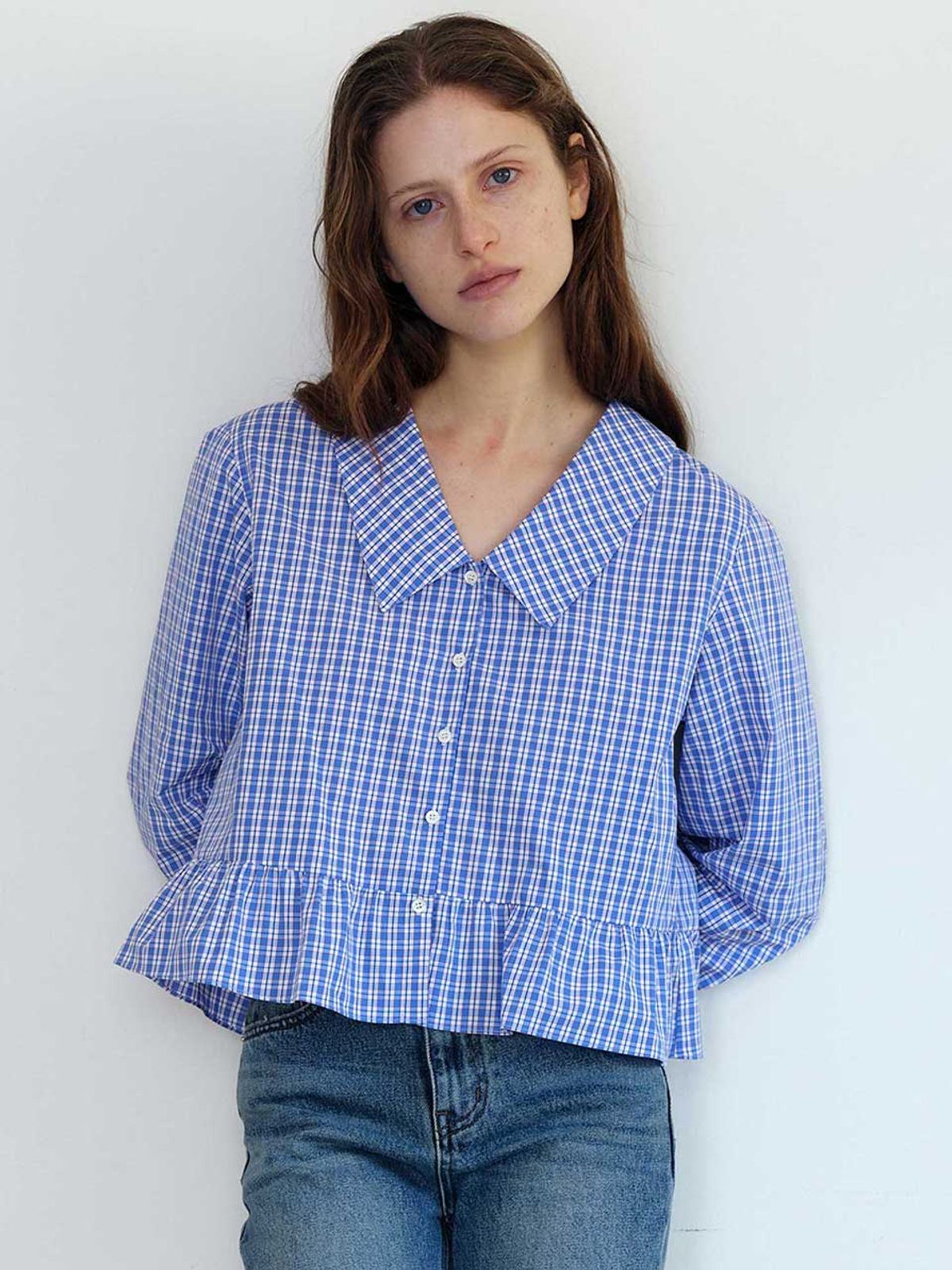 더라이(THERYE) Wide Collar Check Blouse(Blue)