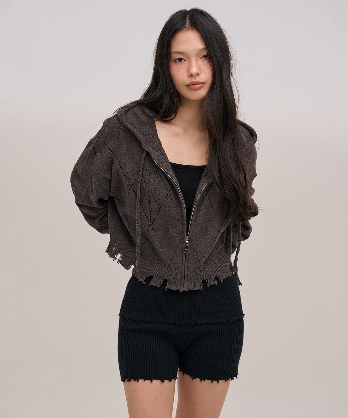 졸리앙볼(JOLIEENVOL) SLUB KNIT HOOD ZIP-UP (CHARCOAL)